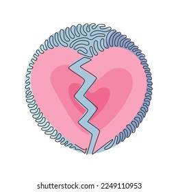 Single continuous line drawing love shape broken in two. Emoji of heartbreak, broken heart or divorce icon. Swirl curl circle background style. Dynamic one line draw graphic design vector illustration