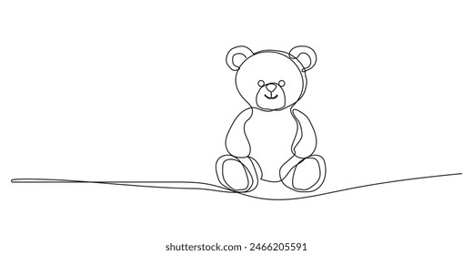 Una sola línea continua que dibuja el juguete encantador del oso de peluche. Bonito y lindo osito de peluche de peluche de juguete. Oso de peluche relleno sentado en el suelo. El pequeño oso de peluche. Vector de Diseño gráfico de dibujo dinámico de una línea