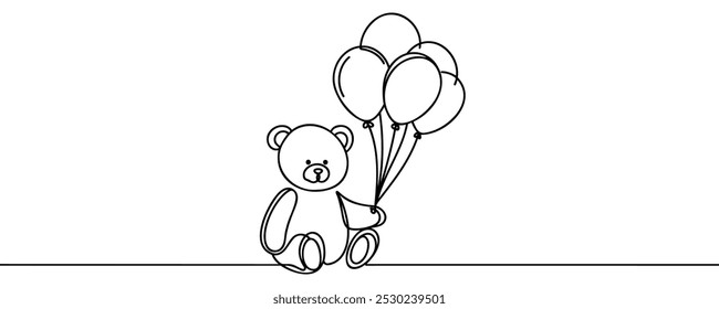 Línea continua única que dibuja el juguete encantador del oso de peluche. oso de peluche con los globos