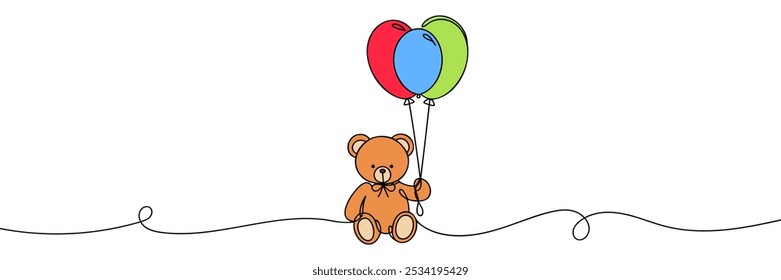 Línea continua única que dibuja el juguete encantador del oso de peluche. oso de peluche con los globos