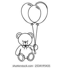 Single continuous line drawing lovely teddy bear toy. teddy bear with balloons