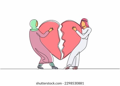Single continuous line drawing lovers broken heart. Young Arab man, woman pulled apart causing each other feel great sorrow, couple in disagreement at end of relationship. One line draw design vector