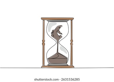 Single continuous line drawing lower body of komodo dragon is sucked by the sand in the hourglass. Habitat destruction. Extinct. National Endangered Species Day. One line design vector illustration