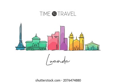 Single continuous line drawing of Luanda city skyline, Angola. Famous city scraper and landscape home wall decor poster art print. World travel concept. Modern one line draw design vector illustration