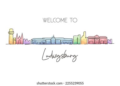 Single continuous line drawing Ludwigsburg city skyline, Germany. World historical town landscape. Best holiday destination postcard. Editable stroke trendy one line draw design vector illustration