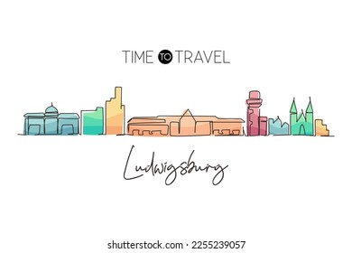 Single continuous line drawing Ludwigsburg skyline, Germany. Famous city scraper landscape. World travel home wall decor art poster print concept. One line draw graphic design vector illustration