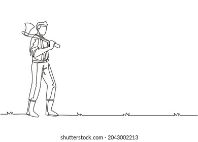 Single continuous line drawing lumberjack standing mascot hold axe. Wearing shirt, jeans and boots. Holding on his shoulder a ax. Lumberjack pose on the logging forest. One line draw design vector