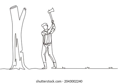 Single continuous line drawing lumberjack with an ax chopping wood. Woodcutter chopping tree with axe. Wearing shirt, jeans and boots. Man with ax in his hands cuts tree. One line draw design vector