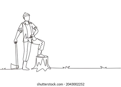 Single continuous line drawing lumberjack wearing plaid shirt, jeans, boots  and beanie hat. Standing with ax and posing with one foot on a tree stump. One line draw graphic design vector illustration