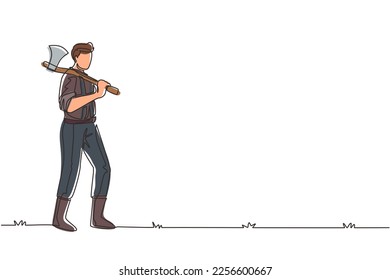 Single continuous line drawing lumberjack standing mascot hold axe. Wearing shirt, jeans and boots. Holding on his shoulder a ax. Lumberjack pose on the logging forest. One line draw design vector