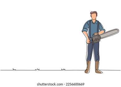 Single continuous line drawing lumberjack with workwear and chainsaw. Wearing shirt, jeans and boots. Lumberjack pose on the logging forest. Dynamic one line draw graphic design vector illustration