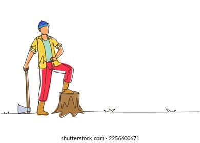 Single continuous line drawing lumberjack wearing plaid shirt, jeans, boots and beanie hat. Standing with ax and posing with one foot on a tree stump. One line draw graphic design vector illustration