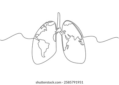 Single continuous line drawing lungs that contain a world map. Healthy lungs make it easier to explore the beauty of the world. Intercontinental. World Asthma Day. One line design vector illustration