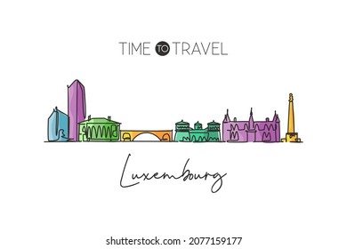 Single continuous line drawing Luxembourg city skyline. Famous city scraper landscape home wall decor poster print. World travel destination concept. Modern one line draw design vector illustration