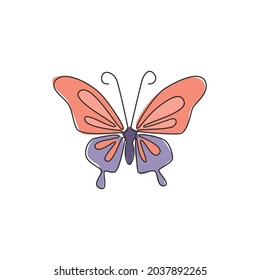 Single continuous line drawing of luxury butterfly for corporation logo identity. Beauty salon and healthcare company icon concept from animal shape. One line draw graphic design vector illustration