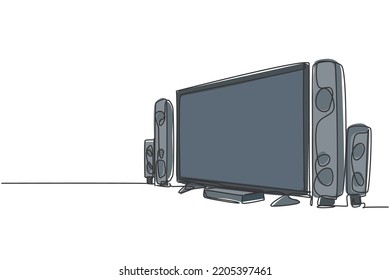 Single continuous line drawing of luxury expensive home theater with great speaker sound system. Electronic living room home appliance concept. Modern one line draw design graphic vector illustration