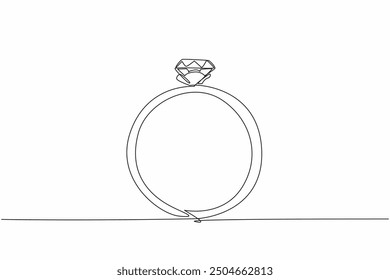 Single continuous line drawing the luxury diamond ring. Proposing to a sweetheart. Gift for beloved wife. Gemstone shiny. Present. Prize. Sheen. National Jewel Day. One line design vector illustration