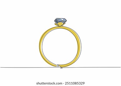 Single continuous line drawing the luxury diamond ring. Proposing to a sweetheart. Gift for beloved wife. Gemstone shiny. Present. Prize. Sheen. National Jewel Day. One line design vector illustration