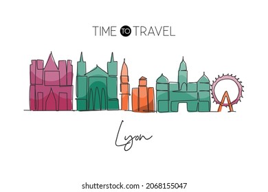 Single continuous line drawing of Lyon city skyline France. Famous city skyscraper landscape. World travel wall decor art print poster concept. Editable modern one line draw design vector illustration
