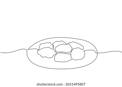 Single continuous line drawing macaroon on a small round plate. Typical Italian food from the past. Sweet snacks. Simple breakfast menu. National Macaroon Day. One line design vector illustration