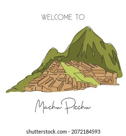 Single continuous line drawing Machu Picchu landmark. Beautiful famous place in Cusco Region Peru. World travel tour home decor wall art poster concept. Modern one line draw design vector illustration