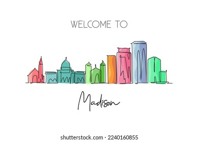 Single continuous line drawing of Madison city skyline, Wisconsin. Famous city scraper landscape. World travel home wall decor art poster print concept. Modern one line draw design vector illustration