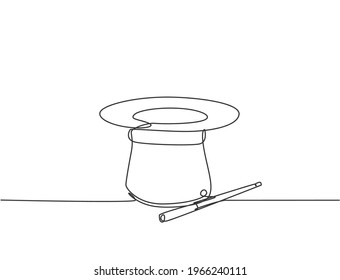 Single continuous line drawing magic hat and wand that a magician needs for a magic show. Two tools that are always there in every magician. Dynamic one line draw graphic design vector illustration.