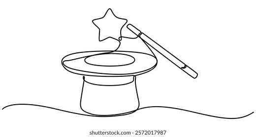 Single continuous line drawing magic hat and wand that a magician needs for a magic show. Two tools that are always there in every magician. Single one line drawing the magic hat was turned upside.