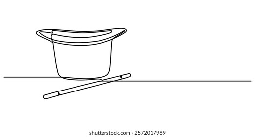 Single continuous line drawing magic hat and wand that a magician needs for a magic show. Two tools that are always there in every magician. Single one line drawing the magic hat was turned upside.