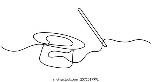 Single continuous line drawing magic hat and wand that a magician needs for a magic show. Two tools that are always there in every magician. Single one line drawing the magic hat was turned upside.