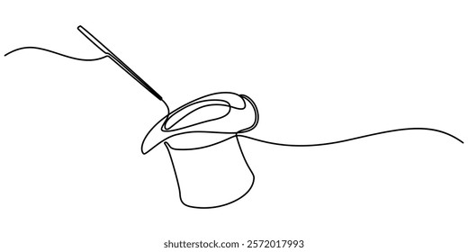 Single continuous line drawing magic hat and wand that a magician needs for a magic show. Two tools that are always there in every magician. Single one line drawing the magic hat was turned upside.