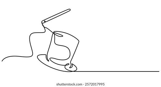 Single continuous line drawing magic hat and wand that a magician needs for a magic show. Two tools that are always there in every magician. Single one line drawing the magic hat was turned upside.