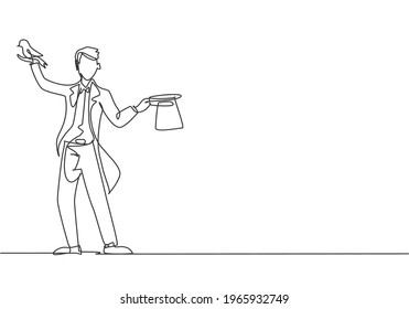 Single Continuous Line Drawing The Magician Puts On A Show By Getting A Bird Out Of His Magic Hat. A Very Interesting Magic Show. Dynamic One Line Draw Graphic Design Vector Illustration.