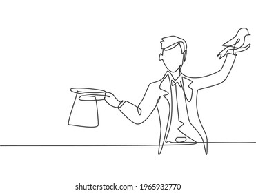 Single continuous line drawing the magician puts on a show by getting a bird out of his magic hat. Very impressive magic show that night. Dynamic one line draw graphic design vector illustration.