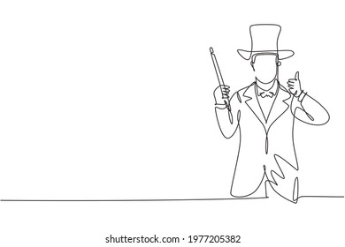 Single continuous line drawing magician with a gesture thumbs up wearing a hat and holding a magic stick ready to entertain the audience. Dynamic one line draw graphic design vector illustration.