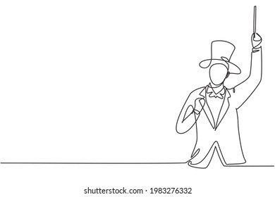 Single continuous line drawing magician with celebrate gesture wearing hat and holding magic stick ready to entertain audience at television show. One line draw graphic design vector illustration