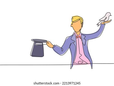 Single continuous line drawing the magician puts on a show by getting a bird out of his magic hat. Very impressive magic show that night. Dynamic one line draw graphic design vector illustration.