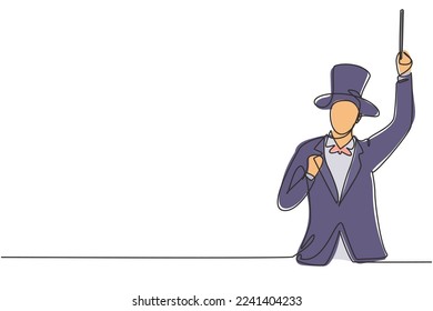 Single continuous line drawing magician with celebrate gesture wearing hat and holding magic stick ready to entertain audience at television show. One line draw graphic design vector illustration