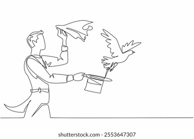 Single continuous line drawing the magician releases dove from his hand and holds the hat in his other hand. Master of illusion games. Entertain. World Circus Day. One line design vector illustration