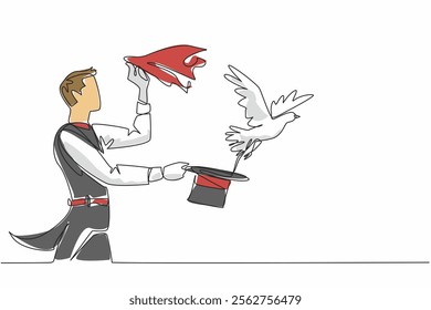 Single continuous line drawing the magician releases dove from his hand and holds the hat in his other hand. Master of illusion games. Entertain. World Circus Day. One line design vector illustration