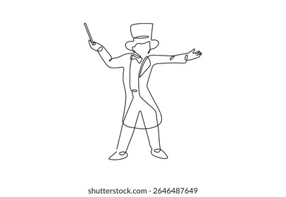 Single continuous line drawing the magician puts on a show by getting a bird out of his magic hat. A very, Professional work profession and occupation minimal concept.