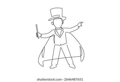 Single continuous line drawing the magician puts on a show by getting a bird out of his magic hat. A very, Professional work profession and occupation minimal concept.