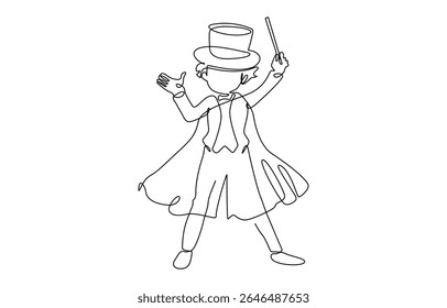 Single continuous line drawing the magician puts on a show by getting a bird out of his magic hat. A very, Professional work profession and occupation minimal concept.