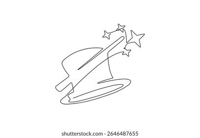 Single continuous line drawing the magician puts on a show by getting a bird out of his magic hat. A very, Professional work profession and occupation minimal concept.