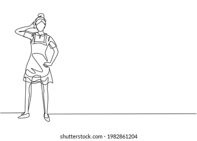 Single continuous line drawing maid in hotel stood with one hand on waist and the other with call me gesture. Working with great hospitality. Dynamic one line draw graphic design vector illustration