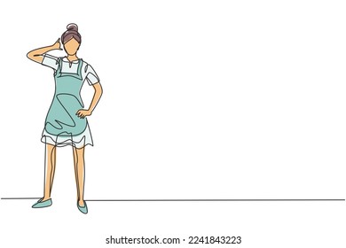 Single continuous line drawing maid in hotel stood with one hand on waist and the other with call me gesture. Working with great hospitality. Dynamic one line draw graphic design vector illustration