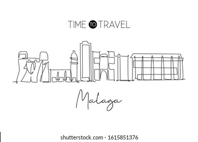 Single continuous line drawing of Malaga city skyline, Spain. Famous city skyscraper landscape postcard. World travel wall decor poster print concept. Modern one line draw design vector illustration