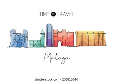 Single continuous line drawing of Malaga city skyline, Spain. Famous city skyscraper landscape postcard. World travel wall decor poster print concept. Modern one line draw design vector illustration