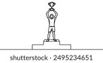 Single continuous line drawing male athlete wearing sports jersey lifting golden trophy with one hand on podium. Celebrating victory of competition. One line draw graphic design vector illustration