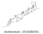 Single continuous line drawing male and female team member stick together follow their leader who holds flag to reach the top of the hill. Teamwork concept. One line graphic design vector illustration